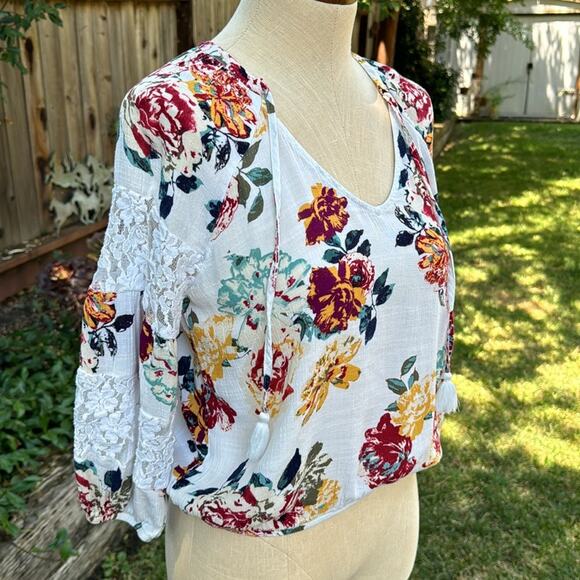 Eyeshadow Boho Peasant Flower Lace Blouse Top Size Small - Picture 2 of 9